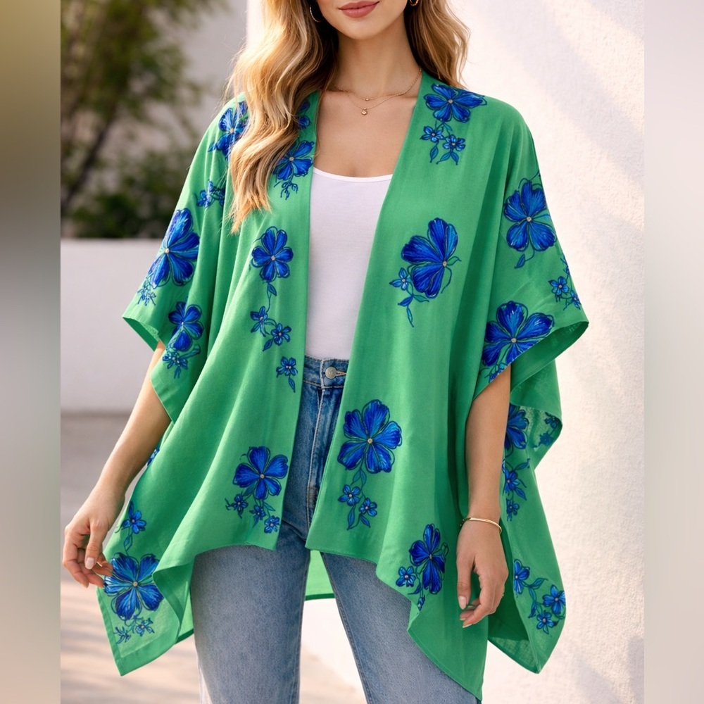 Chicos Green Blue Embroidered Floral Ruana Poncho Wrap Kimono Women size L/XL